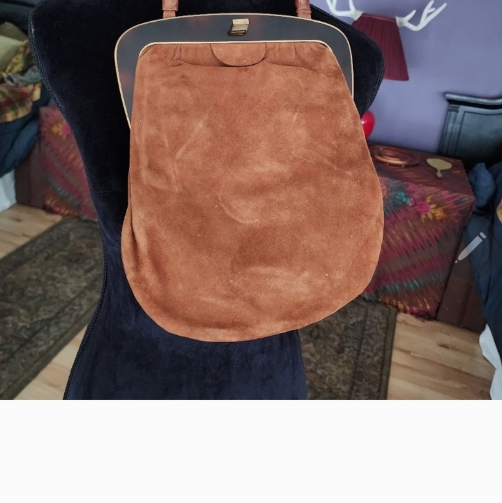 Vintage Brown Suede Bag, Nice Large  I Phone Size 1940s PinUp Handbag